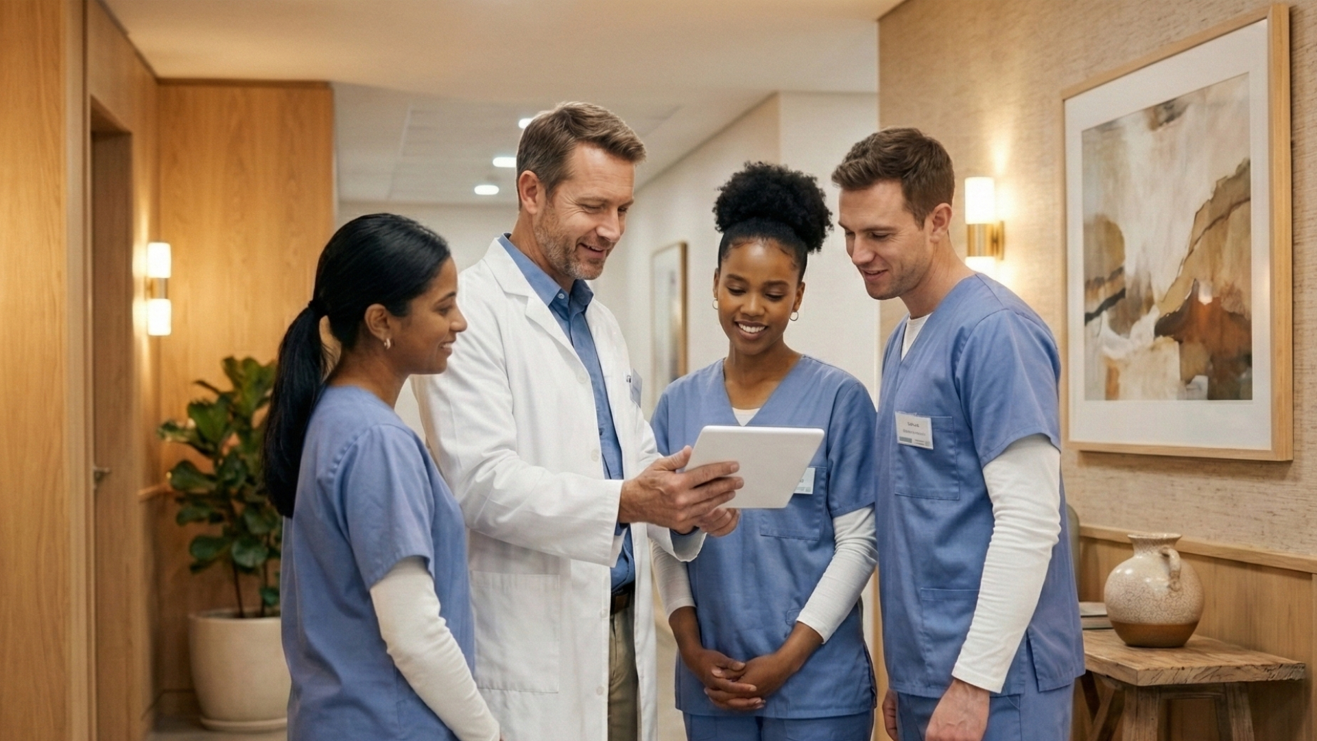 Clinic owner reviewing consultation results with staff