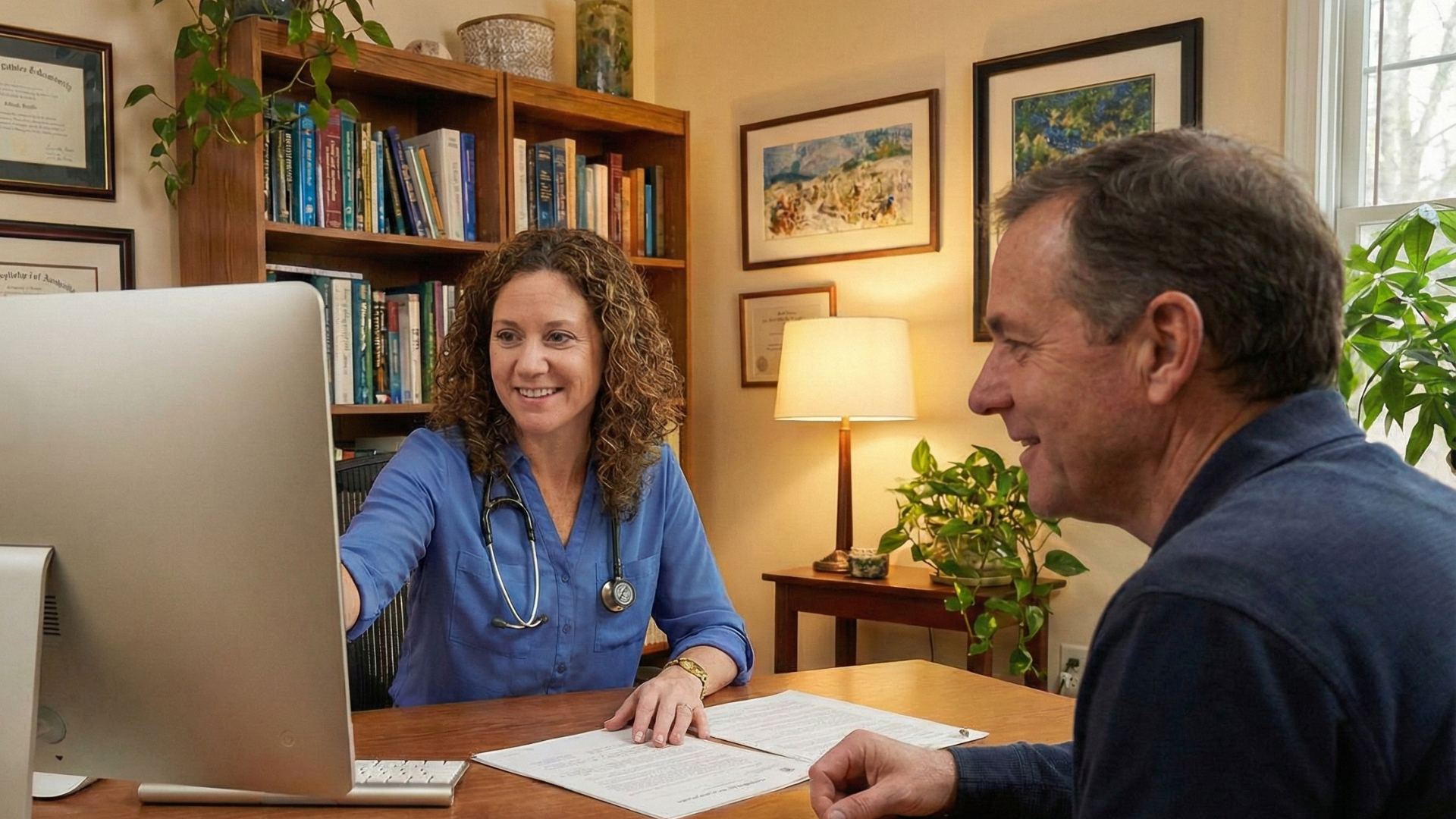 Modern dental clinic interior with consultation screen